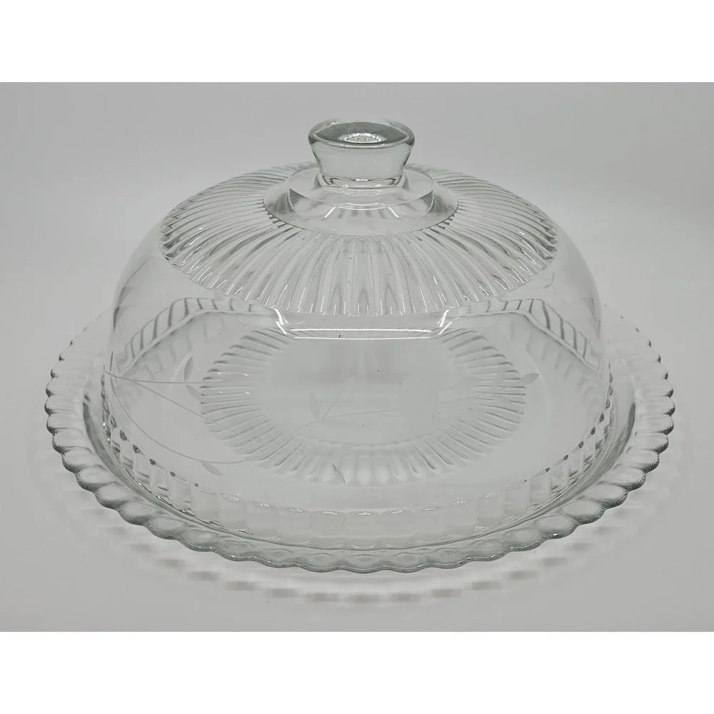 Vintage Princess House Clear Glass Cake Stand Dome and Platter Etched Floral 13